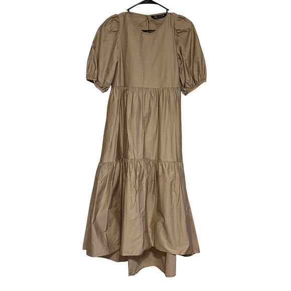 Zara Asymmetrical Hem Poplin Tiered Puff Sleeve Midi Dress Camel Beige Size S - Picture 2 of 8